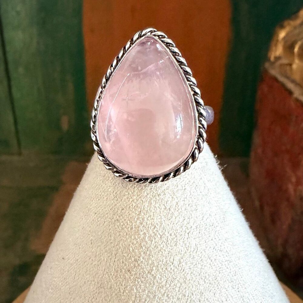 Large Rose Quartz Teardrop Statement Ring - image 2
